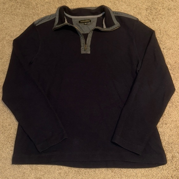 Banana Republic Navy Blue Waffle Knit Grey Patchwork Collared Quarterzip Sweater - Picture 2 of 6